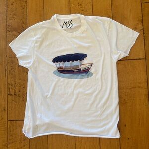 white tshirt with boat graphic